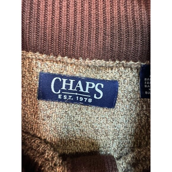 Chaps Mens Button Collar Sweater S Brown Elbow Patch 100% Cotton - Picture 3 of 13